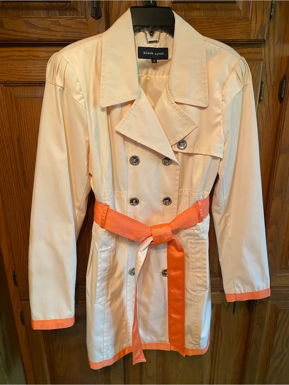 Black Rivet Cream Trench Coat with Orange Trim - Picture 2 of 5